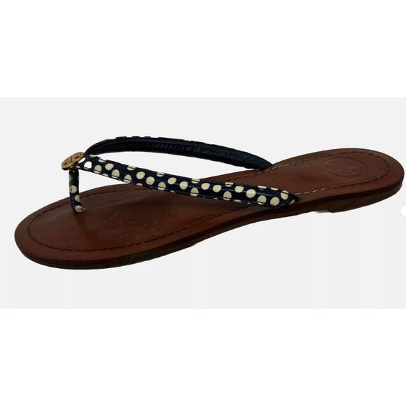 Tory Burch Terra thong patent leather sandals nautical dots gold logo size 11M - Picture 2 of 7
